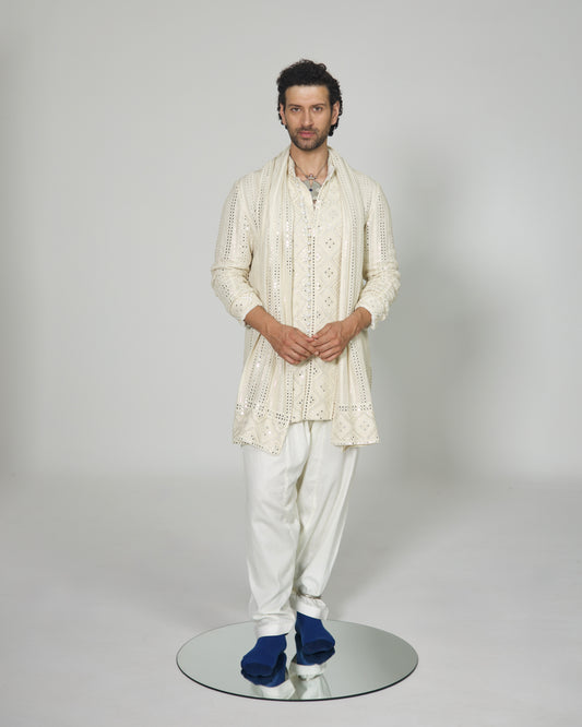 Mirror Stripe Luppi Button Front Open Kurta with Stole